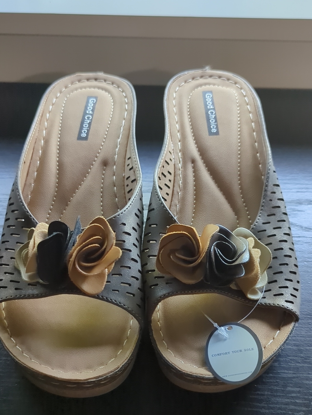 Good Choice Tan and Black Floral Wedge Mules